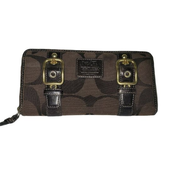 *COACH Signature Canvas Brown Zip Around Wallet - Picture 1 of 5